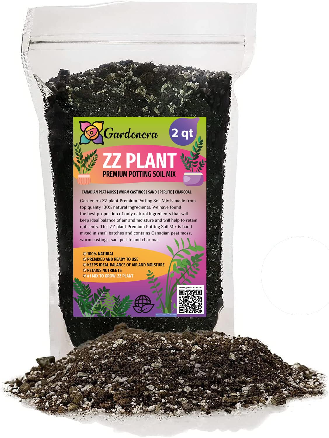 Gardenera empaque frontal del sustrato ZZ Plant mostrando beneficios de mezcla