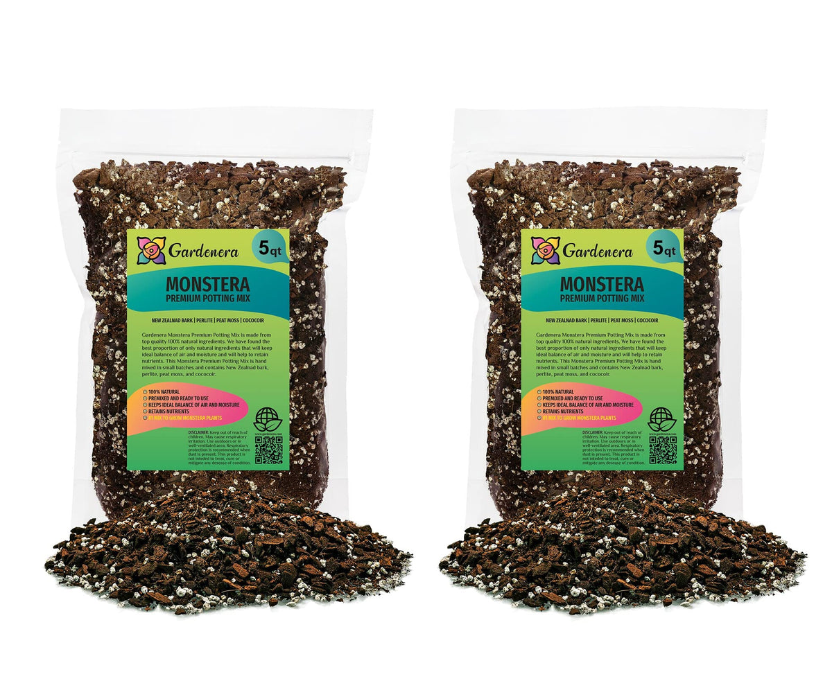 Gardenera empaque frontal mostrando 2 bolsas de 5 qt y beneficios de drenaje