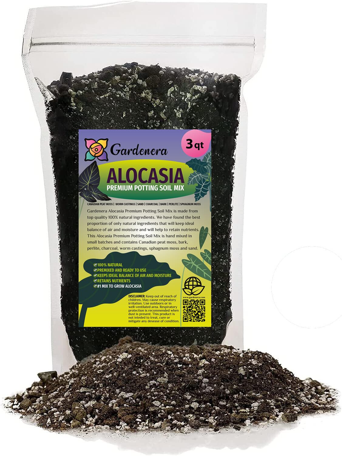 Gardenera paquete frente mostrando sustrato para Alocasia y aplicación fácil