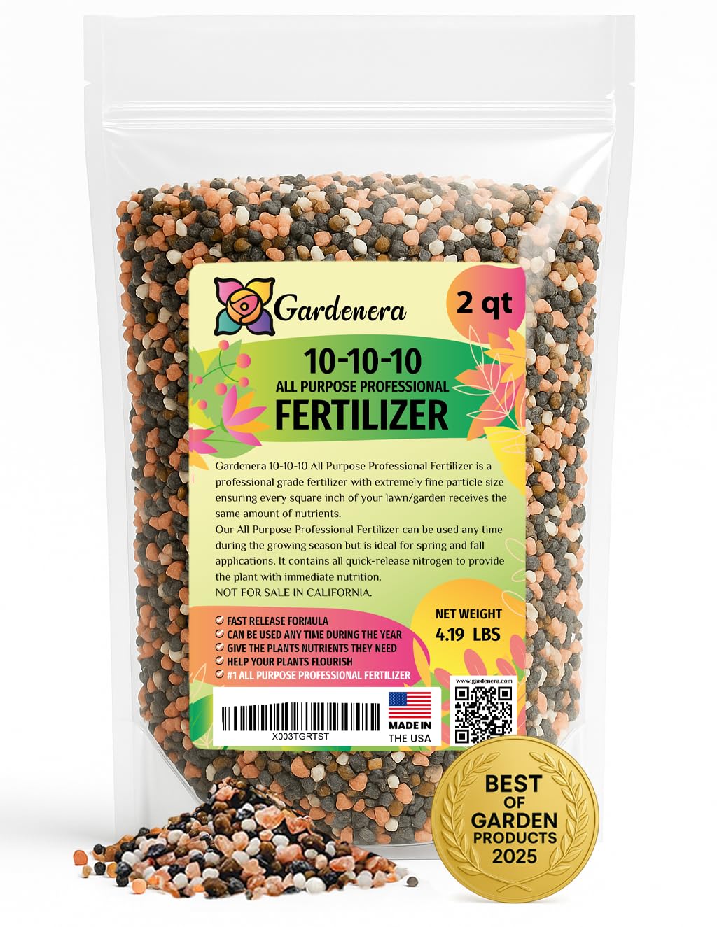 Gardenera frente del empaque mostrando presentación y beneficio fertilizante