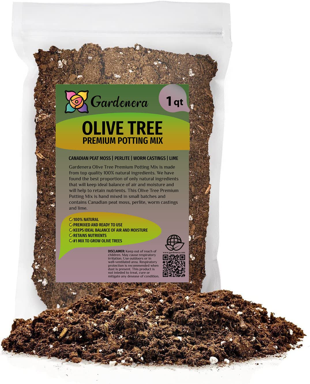 Gardenera frente del envase mostrando etiqueta y beneficios para olivos