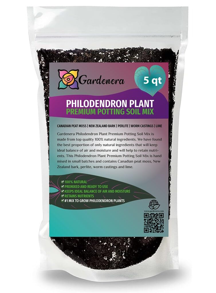 Gardenera paquete frontal de tierra para Philodendron mostrando etiqueta y volumen, mejora el trasplante