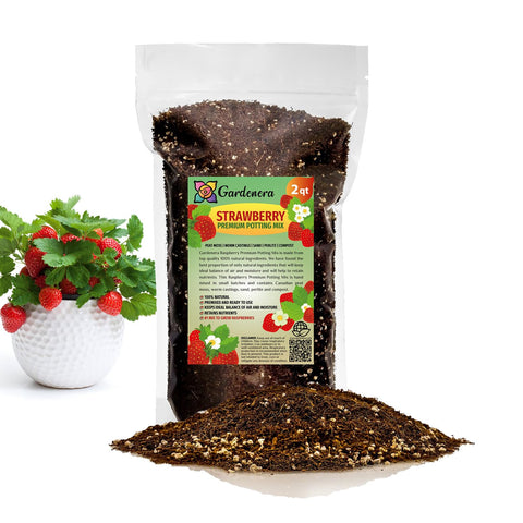 Gardenera paquete frontal mostrando mezcla para fresas y facilidad de uso
