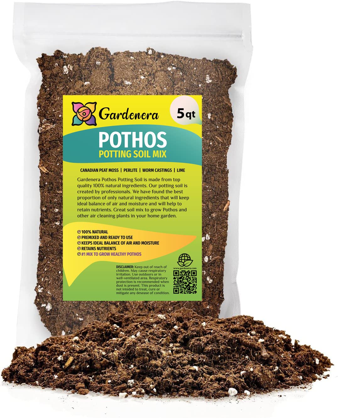 Gardenera bolsa frontal mostrando marca y tamaño, ideal para repotar