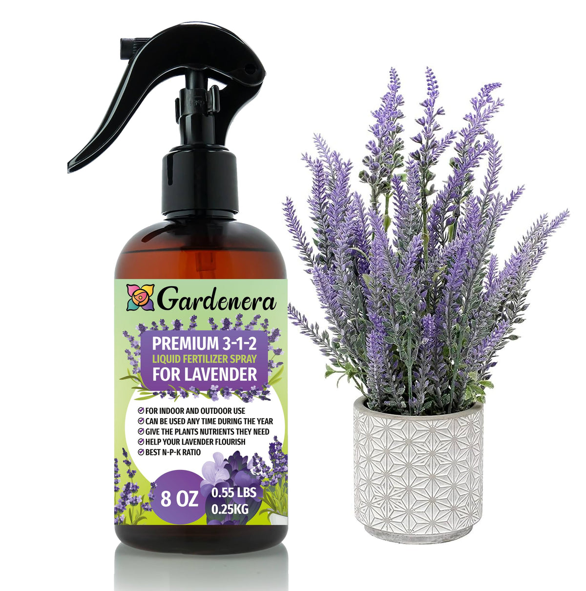 Gardenera botella frontal de spray para lavanda mostrando diseño y uso práctico