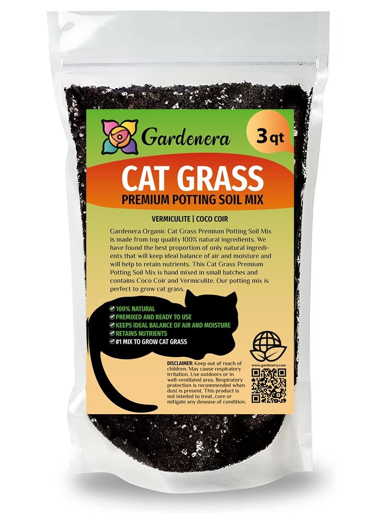 gardenera paquete frontal de mezcla para hierba de gato mostrando etiqueta y volumen, fácil preparación