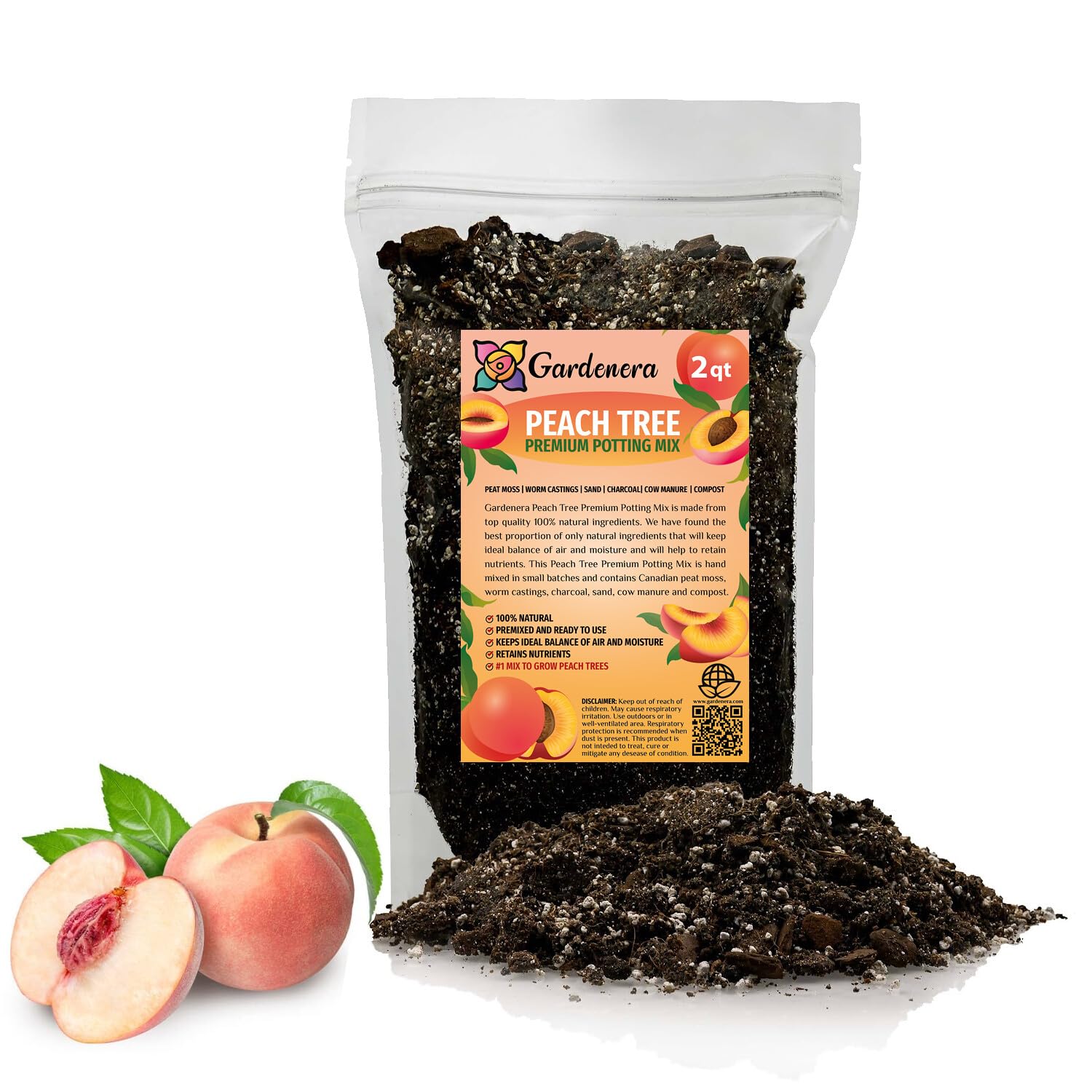 Gardenera paquete frontal de mezcla para duraznos mostrando etiqueta y volumen beneficioso