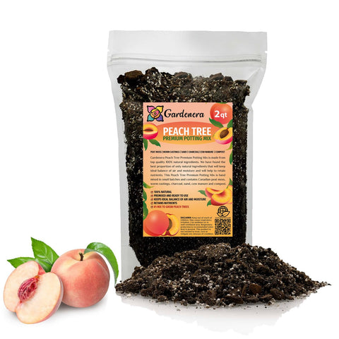 Gardenera paquete frontal de mezcla para duraznos mostrando etiqueta y volumen beneficioso