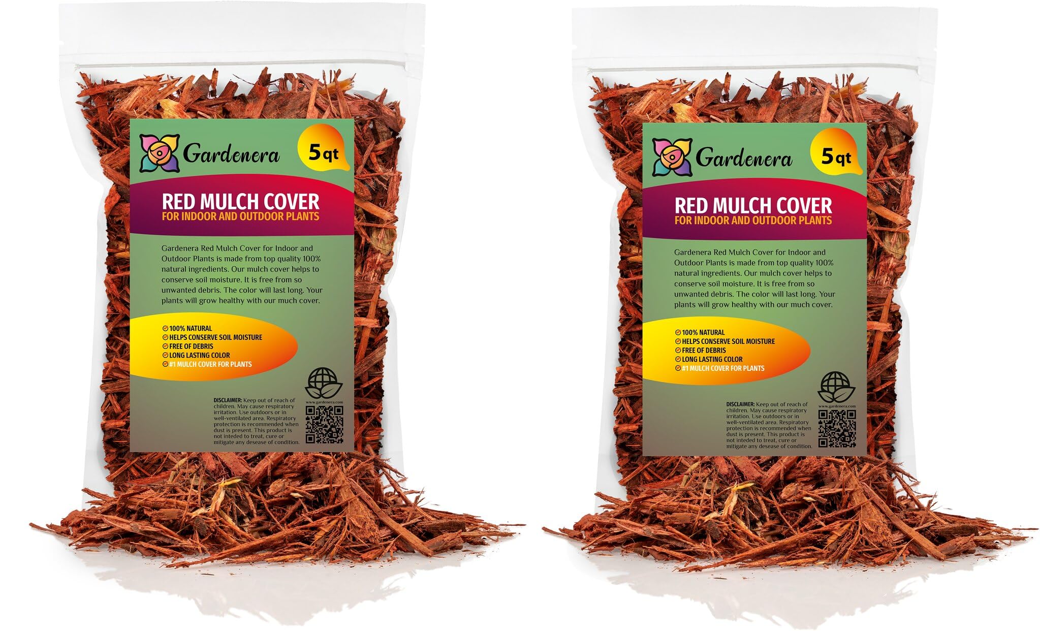 Gardenera red mulch vista frontal del paquete mostrando etiqueta y volumen, facilita elección