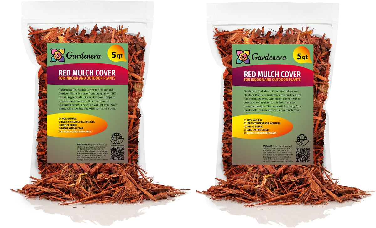Gardenera red mulch vista frontal del paquete mostrando etiqueta y volumen, facilita elección