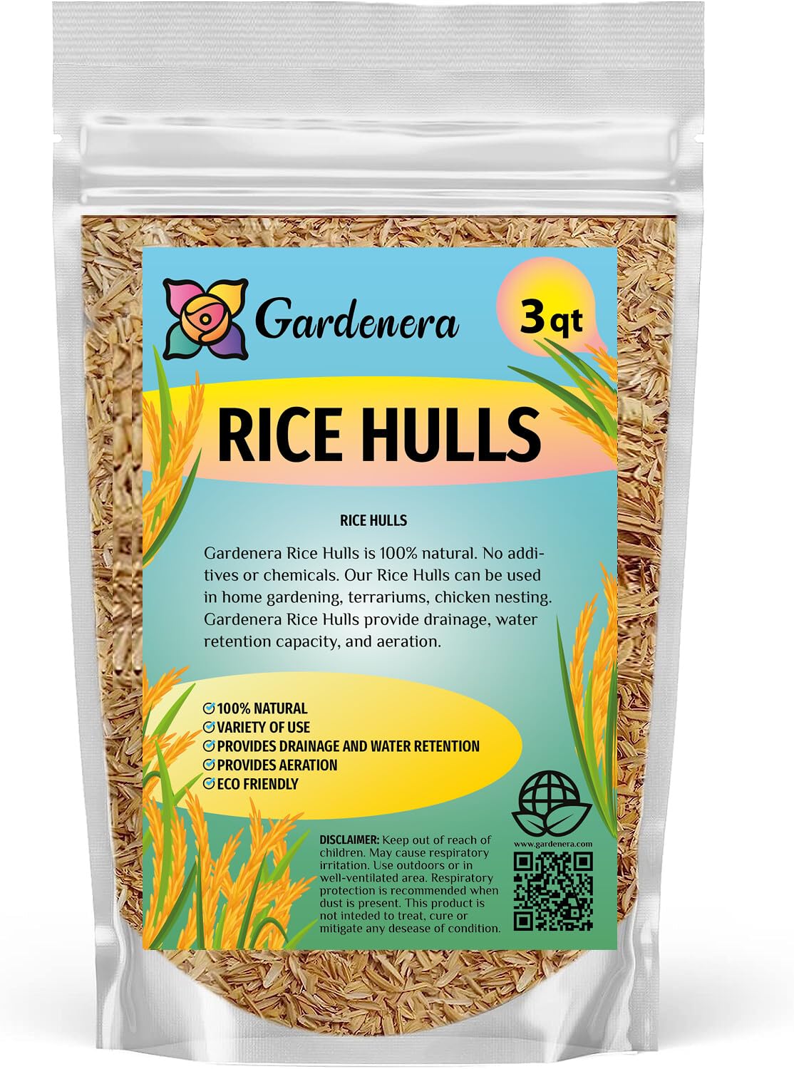 Gardenera Rice Hulls frente del paquete mostrando cantidad y etiqueta, beneficio ecológico