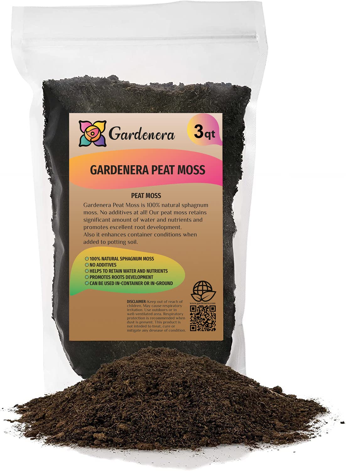 Gardenera bolsa frontal mostrando turba, beneficio: enmendante natural listo para usar