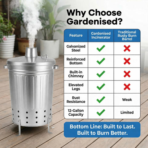 Gardenised incinerador en uso en jardín manteniendo el patio limpio