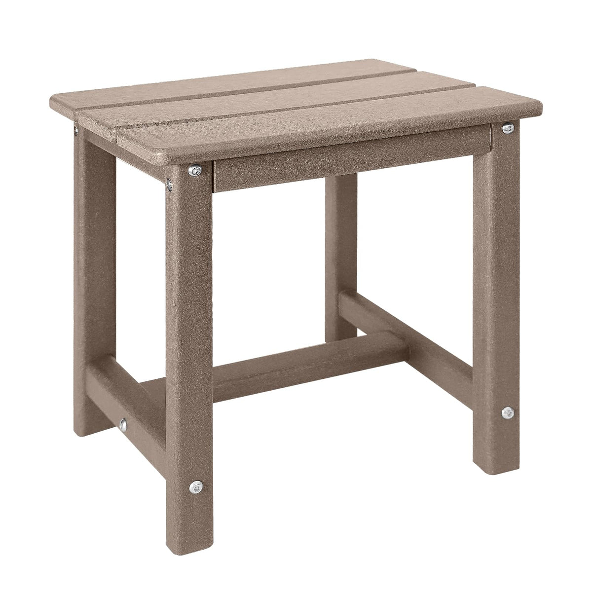 GARDENSTAR mesa auxiliar frontal mostrando acabado teak y resistencia