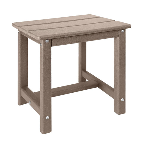 GARDENSTAR mesa auxiliar frontal mostrando acabado teak y resistencia