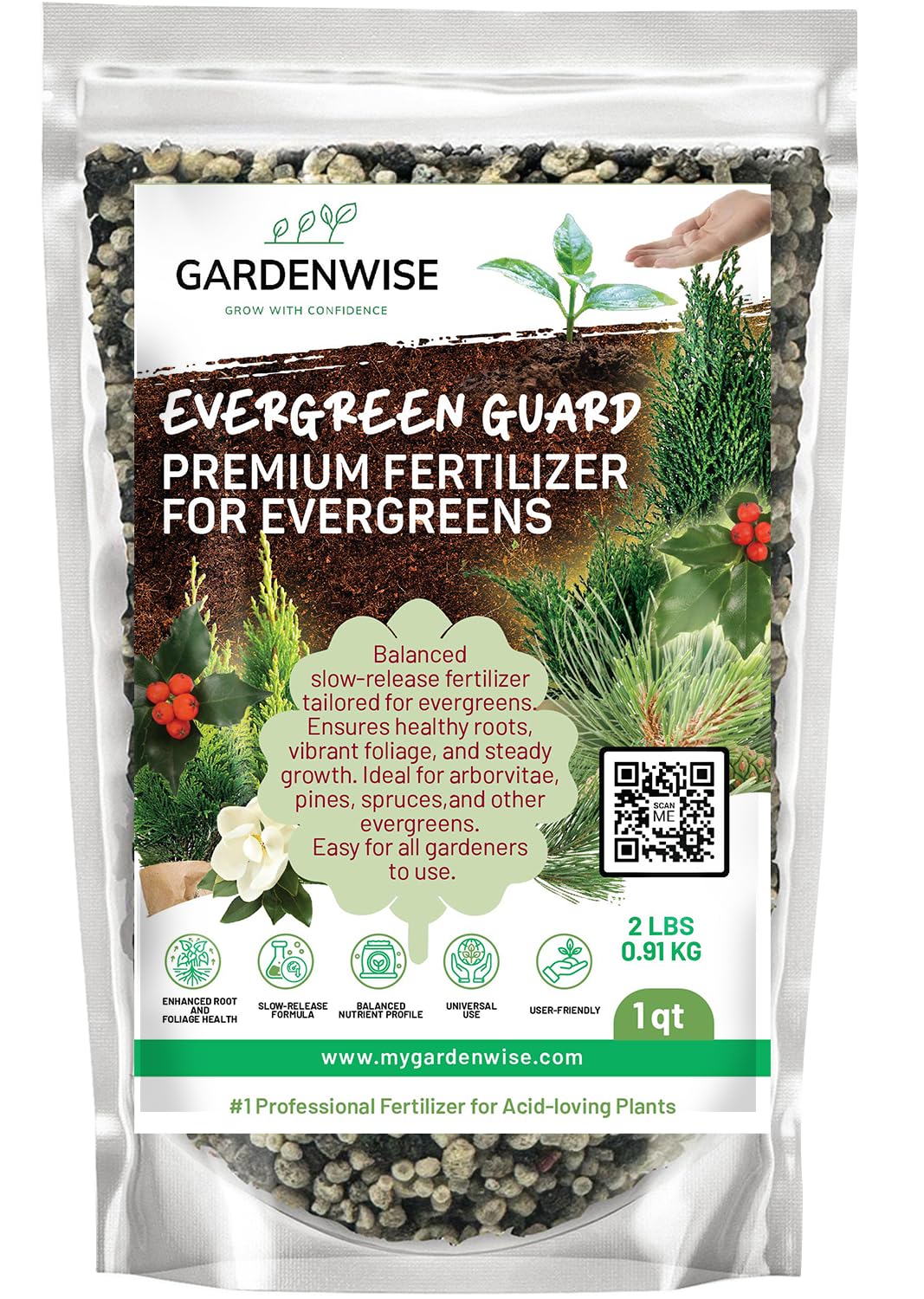 GARDENWISE envase frontal muestra fácil identificación y beneficios para coníferas