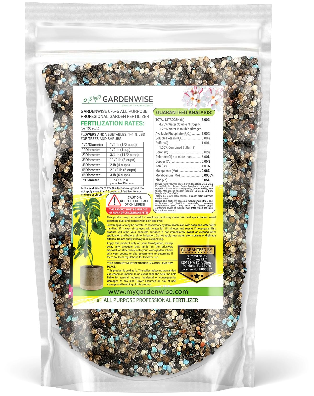 Gardenwise etiqueta mostrando NPK 6-6-6 para guía de aplicación segura
