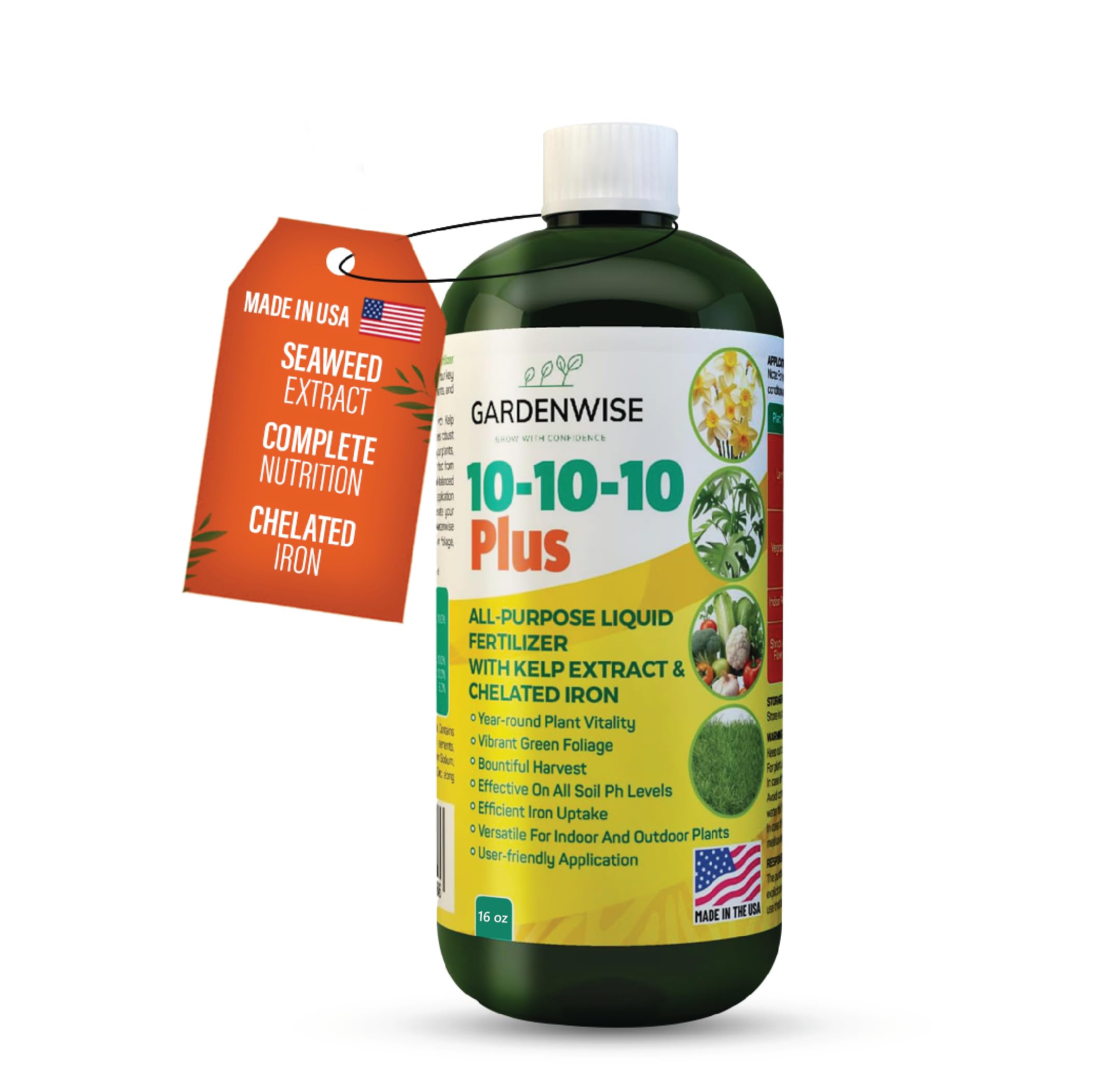 GARDENWISE etiqueta que destaca extracto de algas y hierro quelado para beneficios
