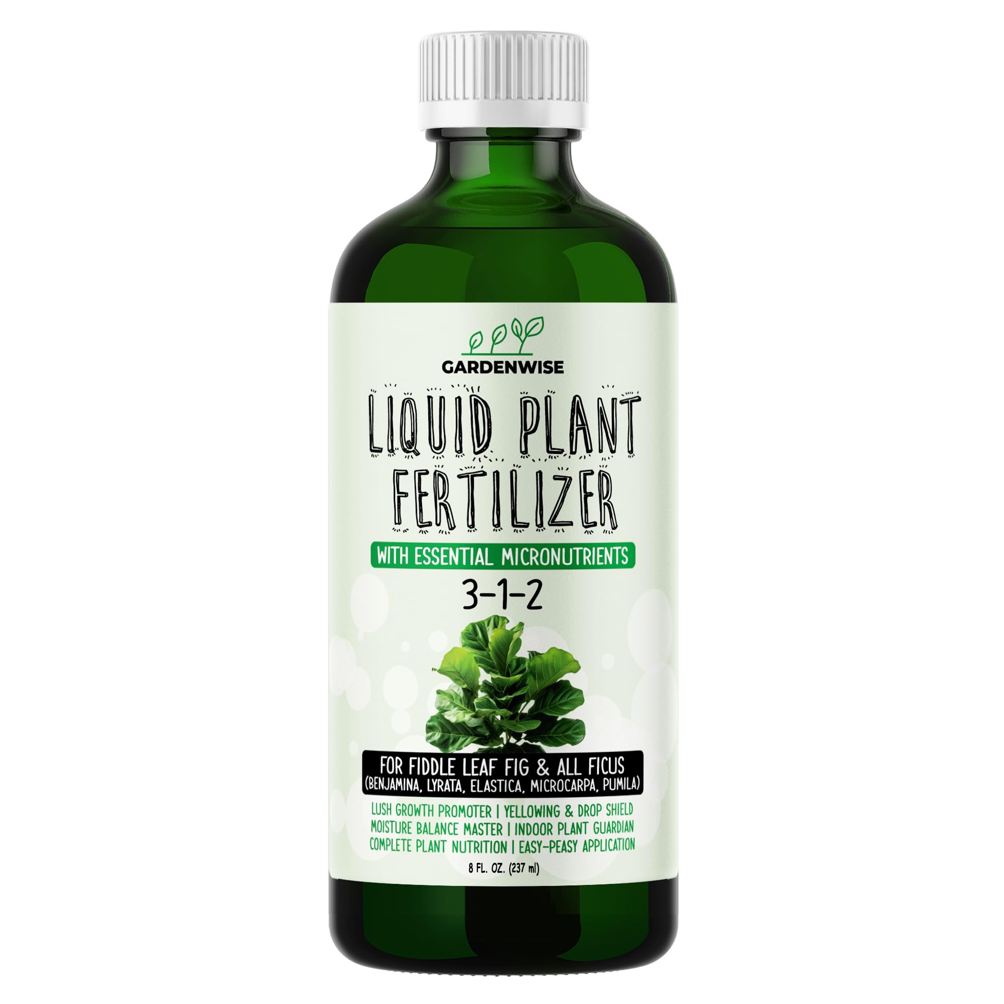 GARDENWISE botella frente mostrando etiqueta y beneficio para Ficus lyrata