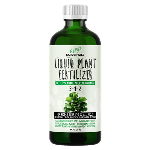 GARDENWISE botella frente mostrando etiqueta y beneficio para Ficus lyrata