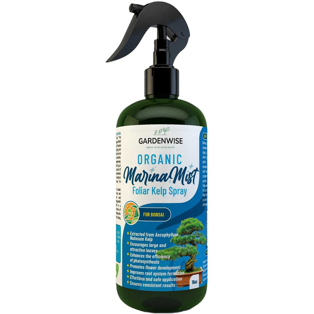 GARDENWISE botella frontal Marina Mist con etiquetado claro y beneficios orgánicos