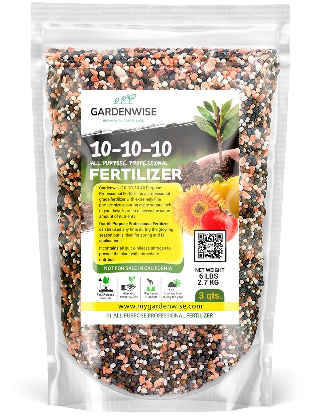 GARDENWISE frente del envase mostrando fórmula 10-10-10 y beneficio de uso versátil