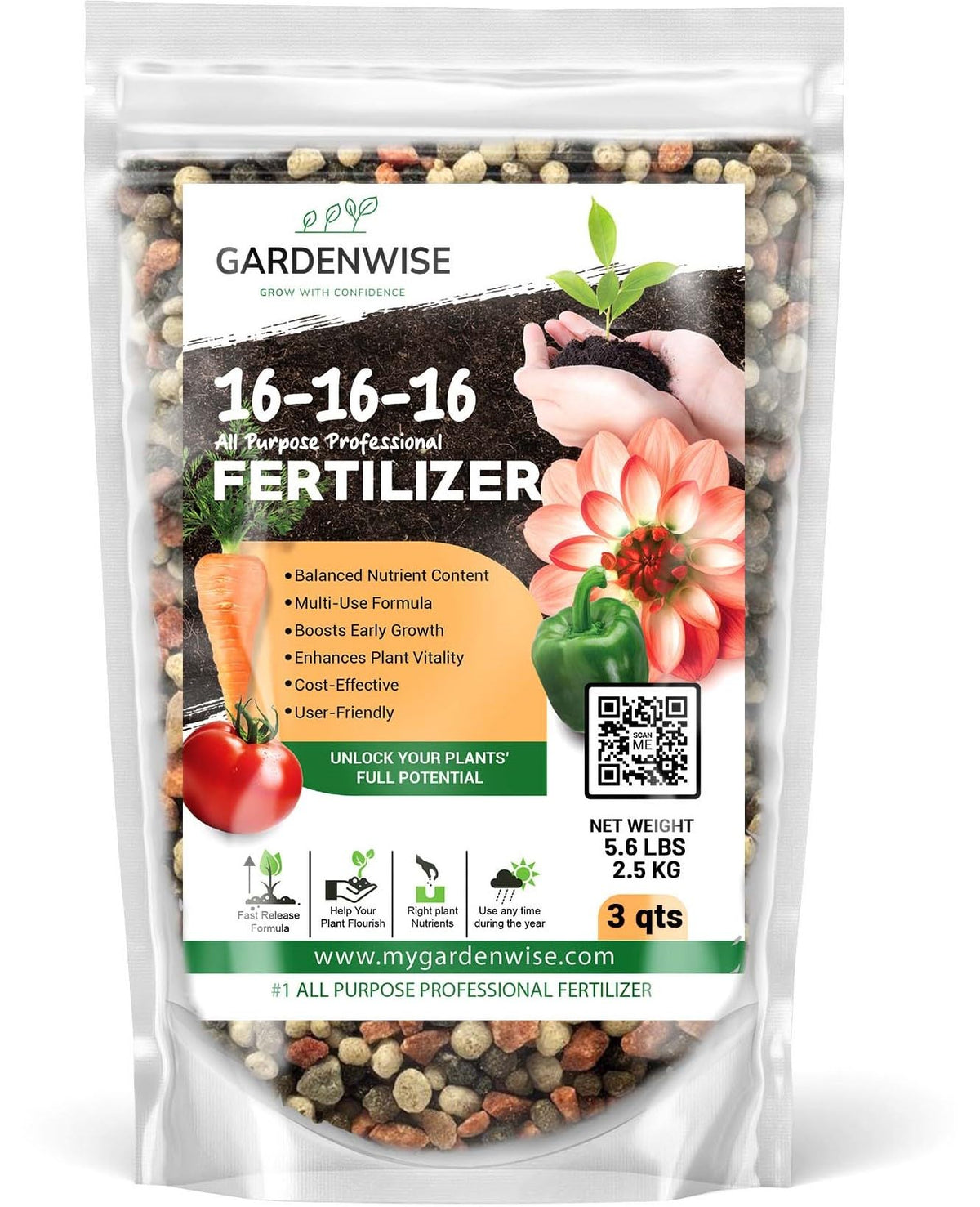 GARDENWISE frente del envase mostrando la fórmula 16-16-16 y uso versátil