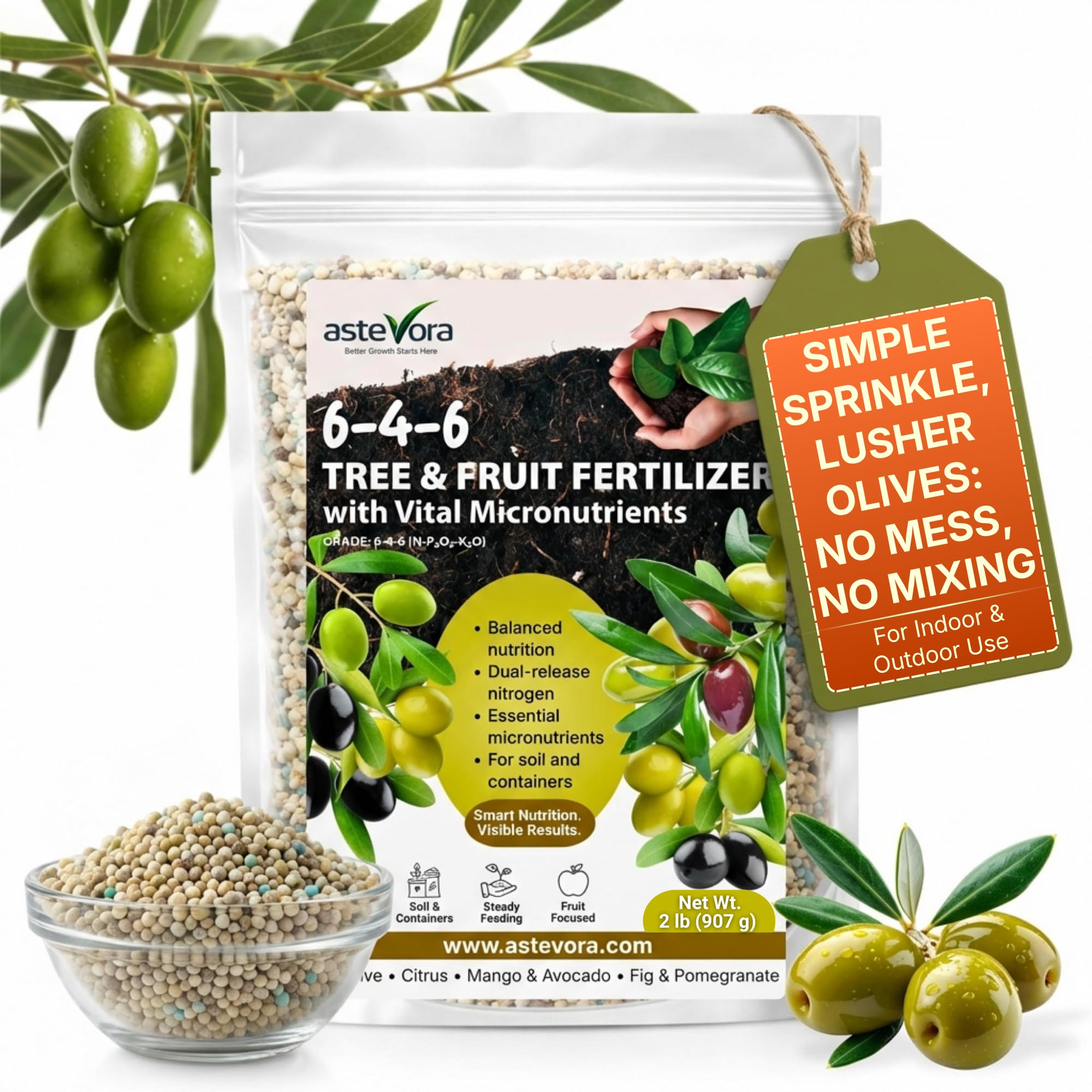 GARDENWISE frasco frontal del fertilizante 6-4-6 para olivos y frutales mostrando etiqueta