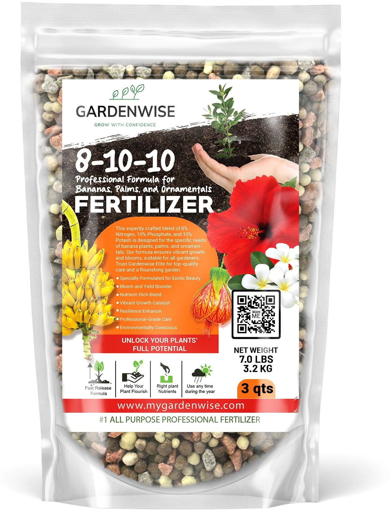 GARDENWISE envase frontal 3 quarts mostrando etiqueta y beneficios para jardines
