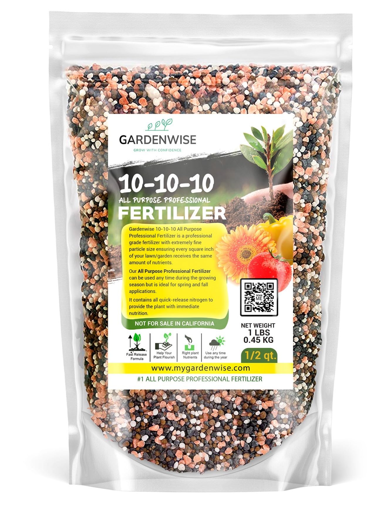 GARDENWISE paquete frontal 10-10-10 mostrando envase y uso práctico