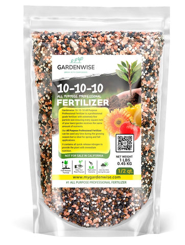 GARDENWISE paquete frontal 10-10-10 mostrando envase y uso práctico