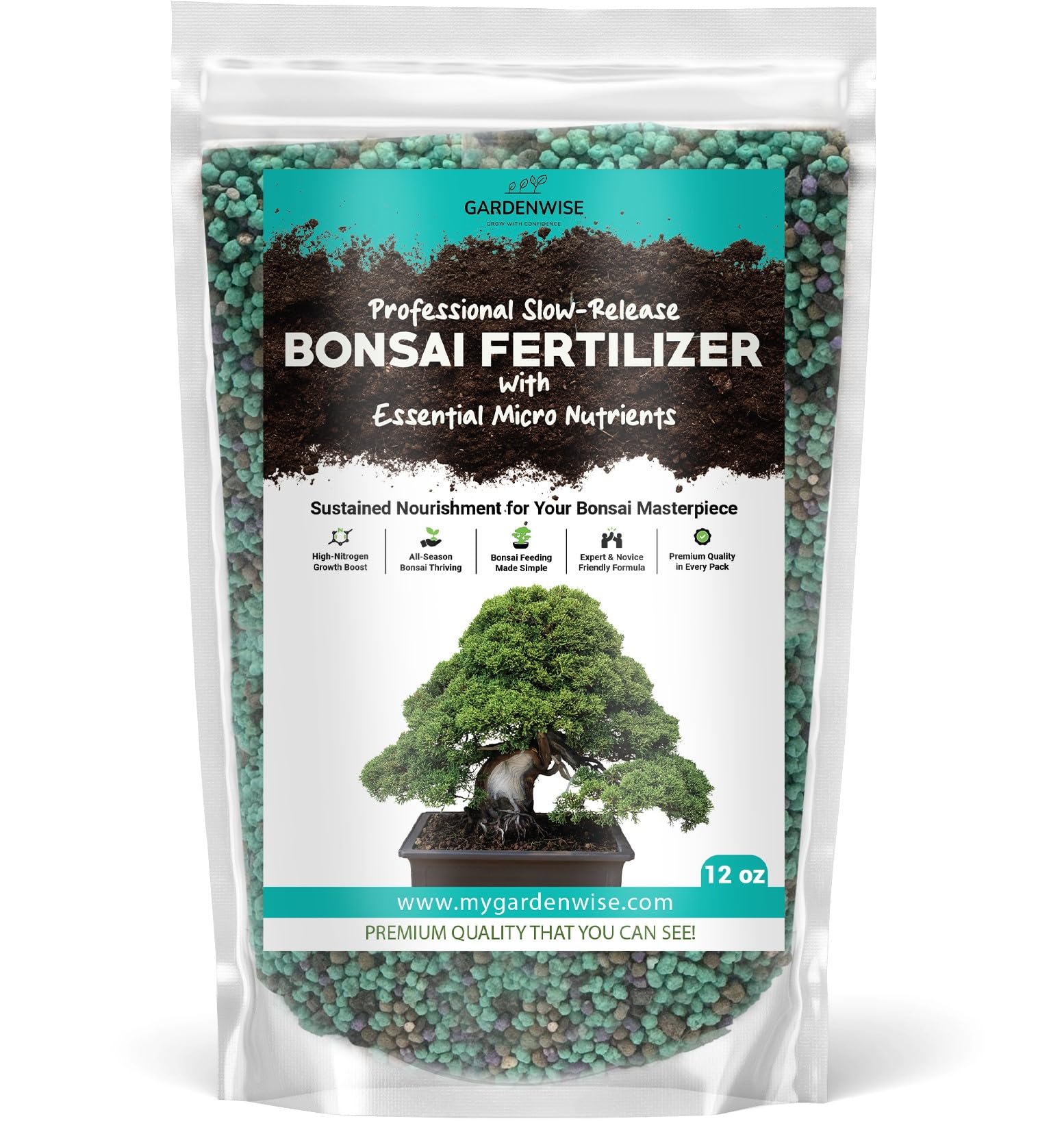 GARDENWISE envase frontal 12 oz mostrando etiquetado y beneficios del fertilizante