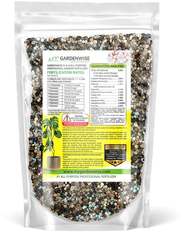 Gardenwise etiqueta trasera con instrucciones claras y guía de dosificación útil