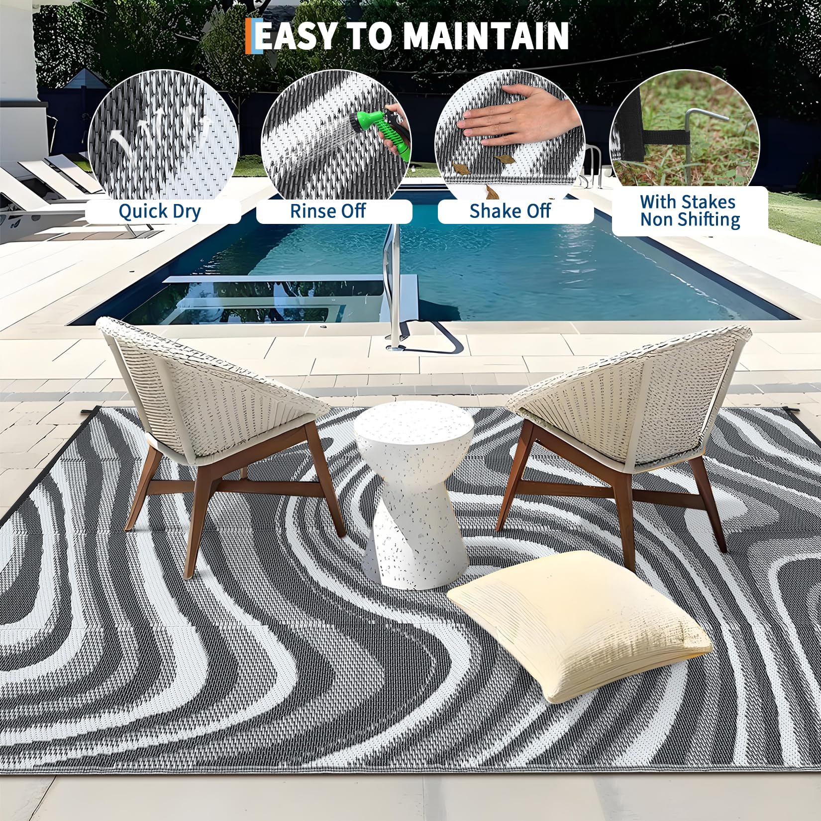 Garvee alfombra en porche con muebles demostrando estilo y resistencia exterior