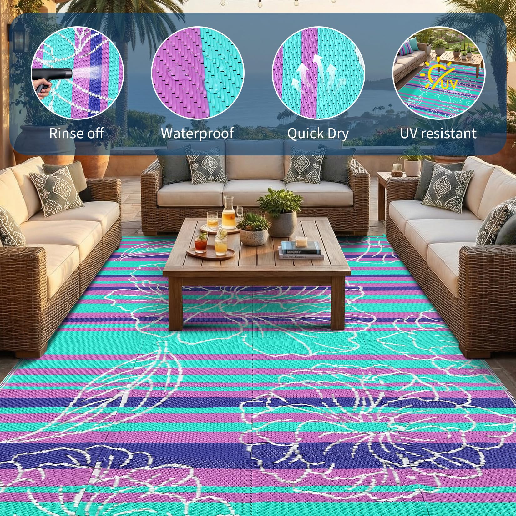 Garvee alfombra colocada en patio con muebles mostrando limpieza fácil