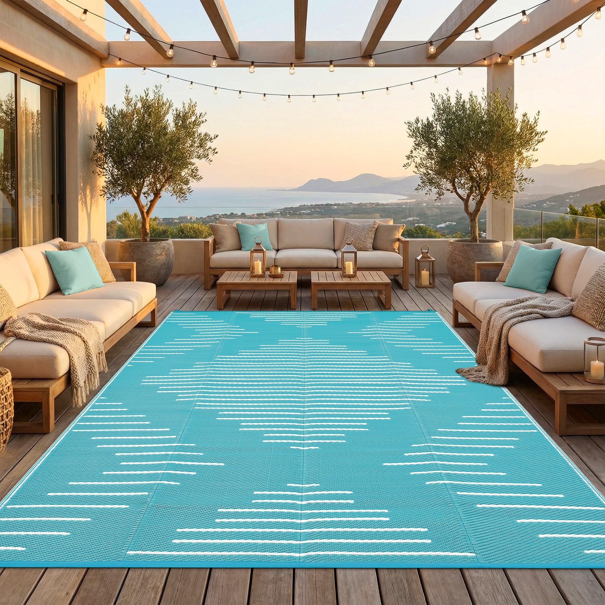 Garvee alfombra frontal mostrando colores azul claro y blanco y resistencia