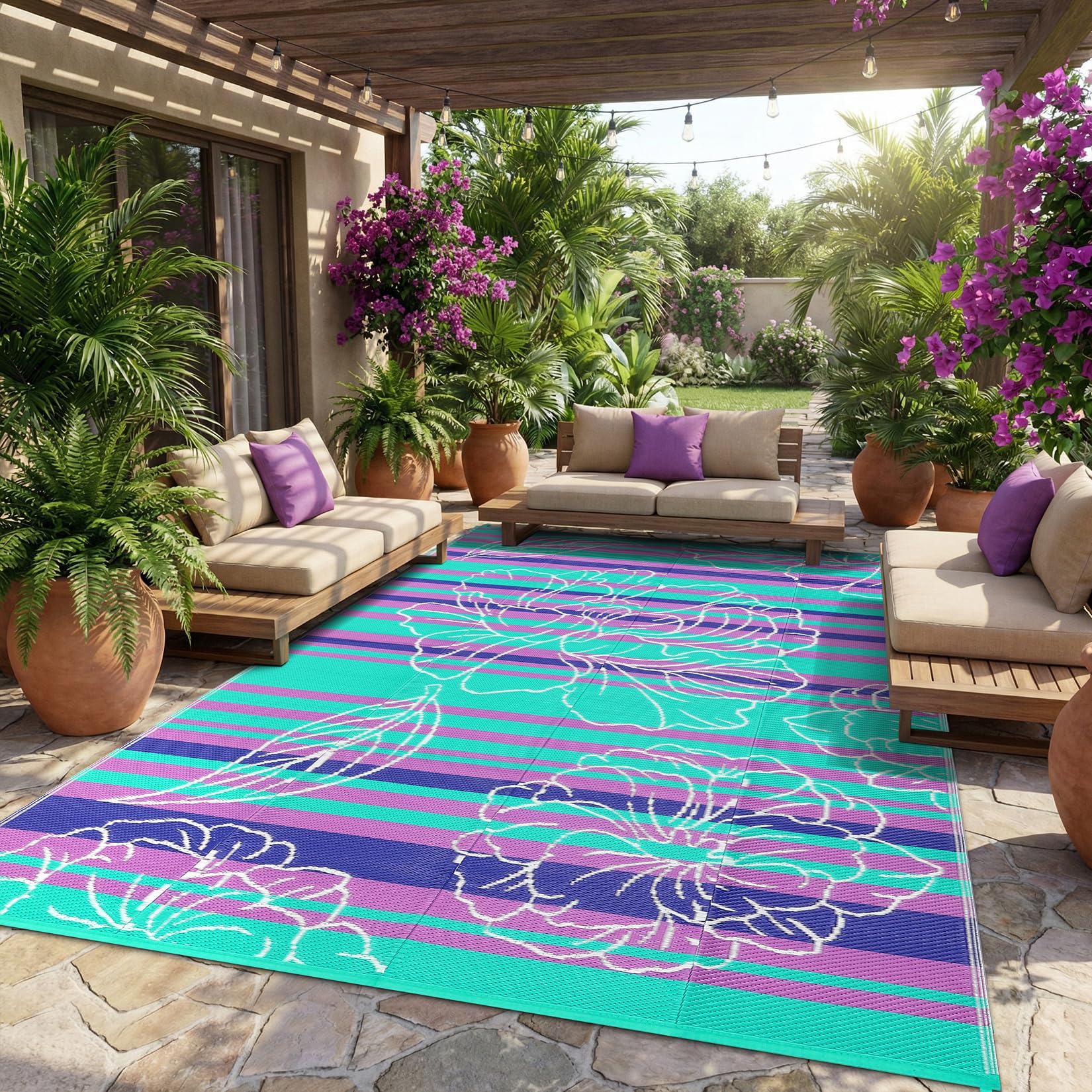 Garvee alfombra exterior frontal mostrando diseño púrpura y azul resistente