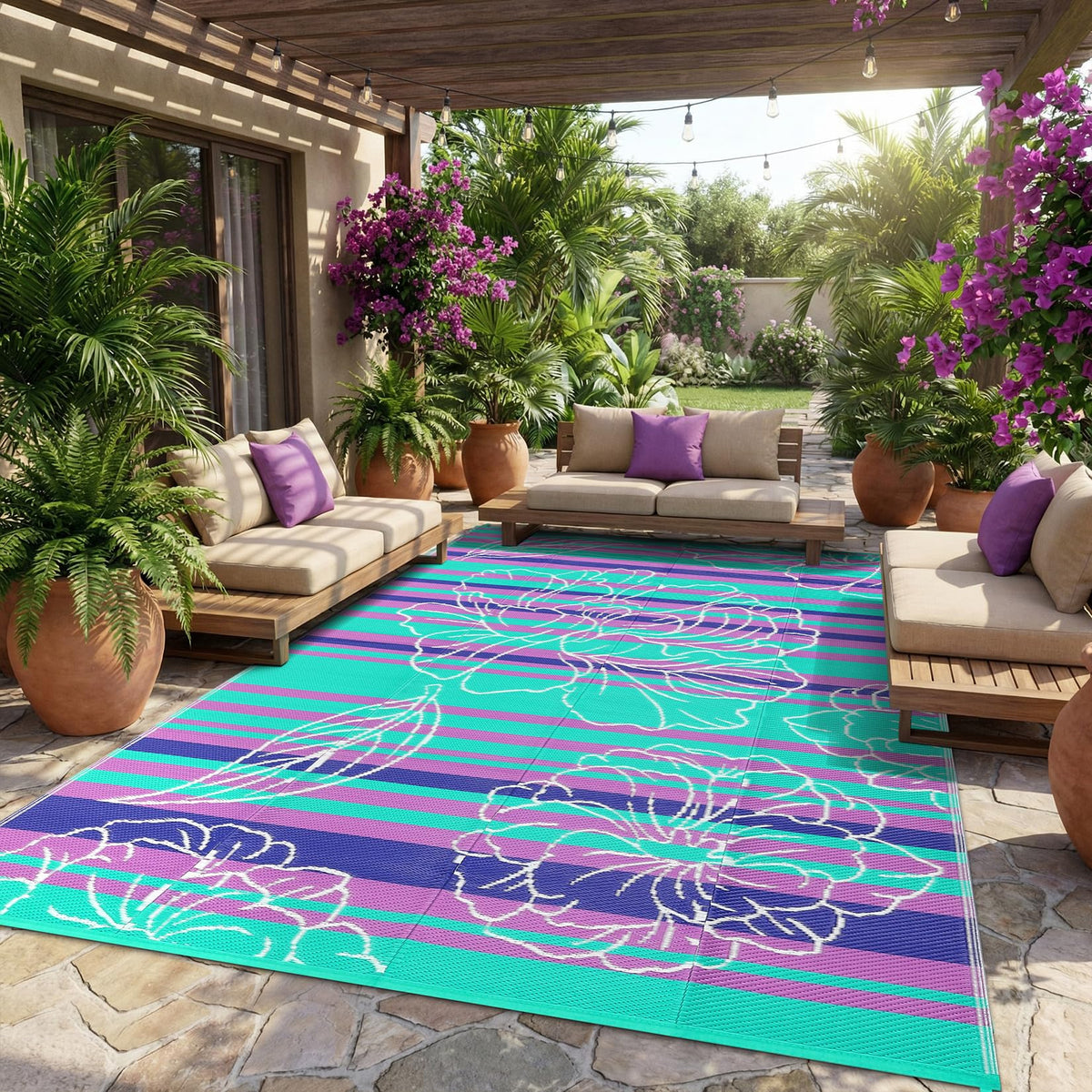 Garvee alfombra exterior frontal mostrando diseño púrpura y azul resistente