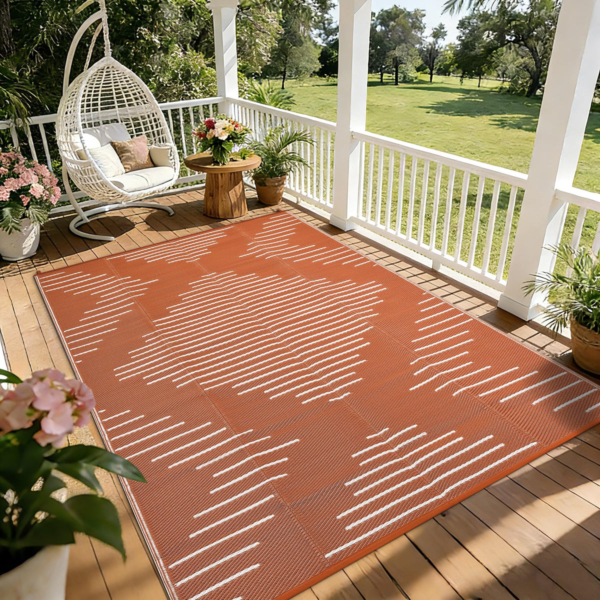 Garvee alfombra frontal mostrando color terracota y blanco y beneficio estético