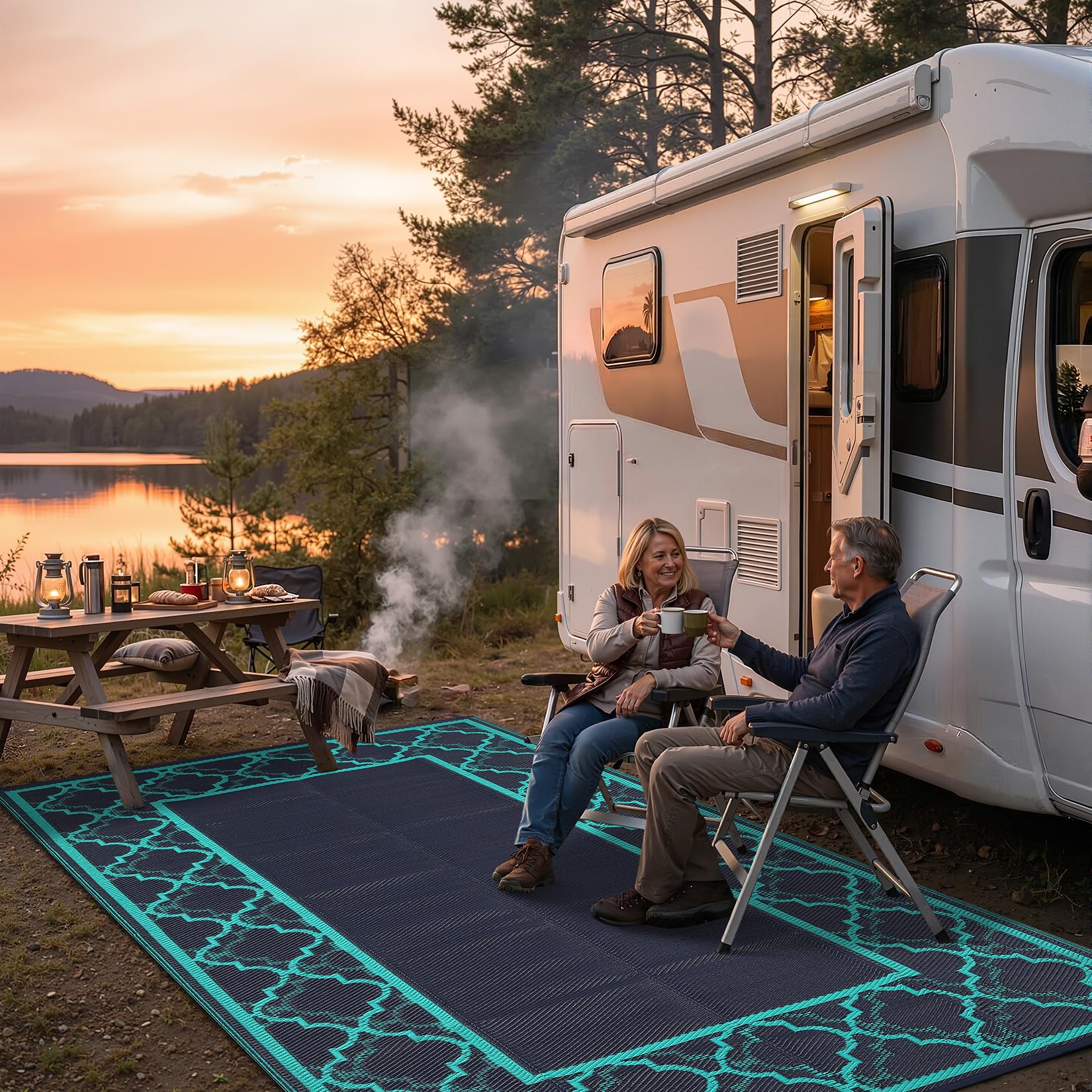 Garvee alfombra 5x8 junto a silla para demostrar escala y cobertura útil