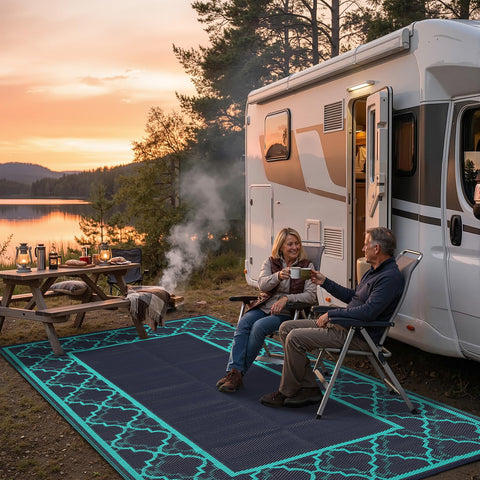 Garvee alfombra 5x8 junto a silla para demostrar escala y cobertura útil