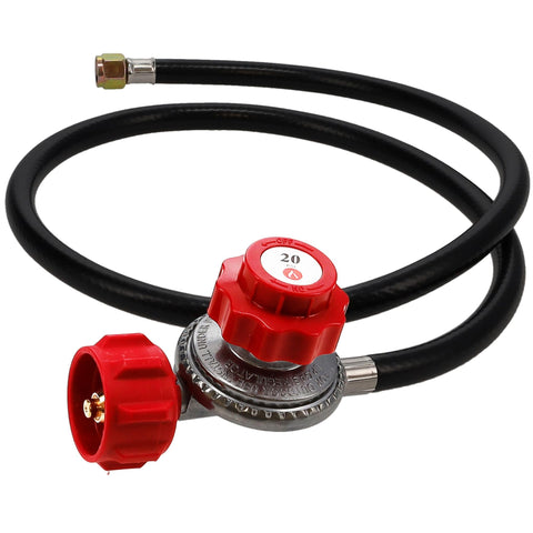 Gas One regulador frontal mostrando manguera roja y compacto diseño, seguridad reforzada