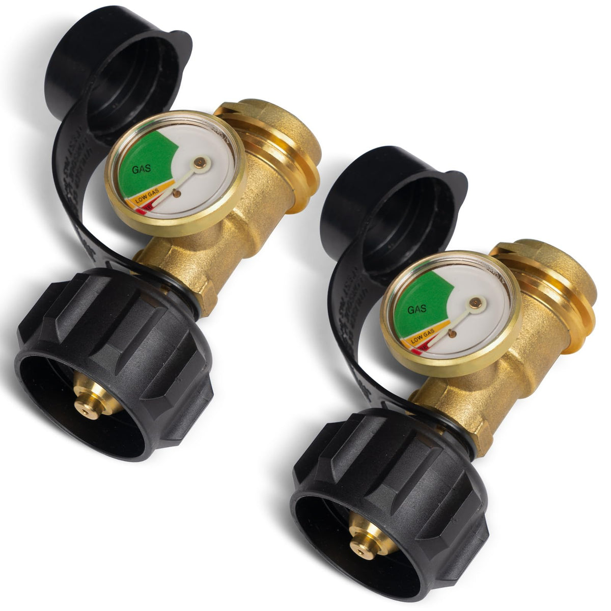 GASPRO vista frontal del par de manómetros para tanque mostrando el empaque y beneficios