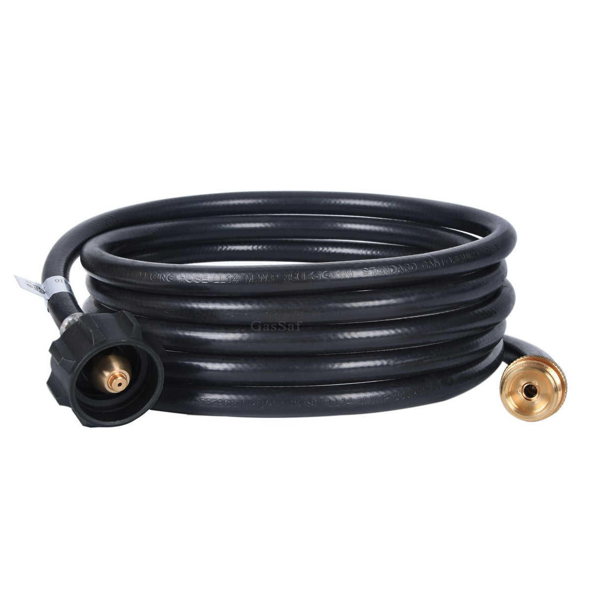 GasSaf manguera frente del empaque mostrando longitud y compatibilidad