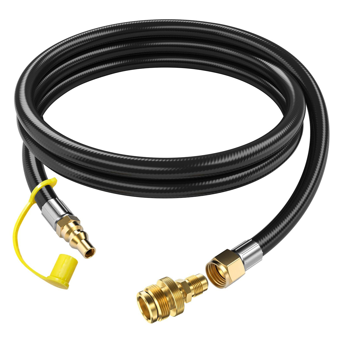 GasXpert vista frontal de la manguera mostrando longitud y conexiones, solución portátil