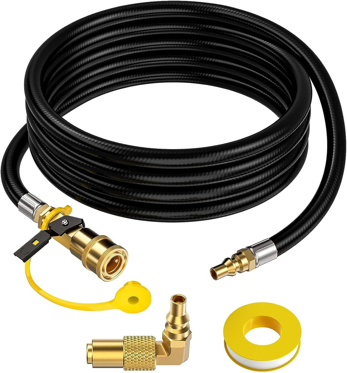 GasXpert manguera frontal y empaque mostrando alcance y conectores seguros