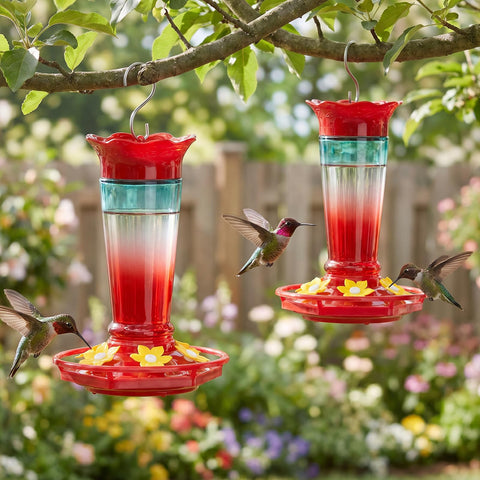 Gbekery comedero en uso con colibrí alimentándose y fácil observación en jardín