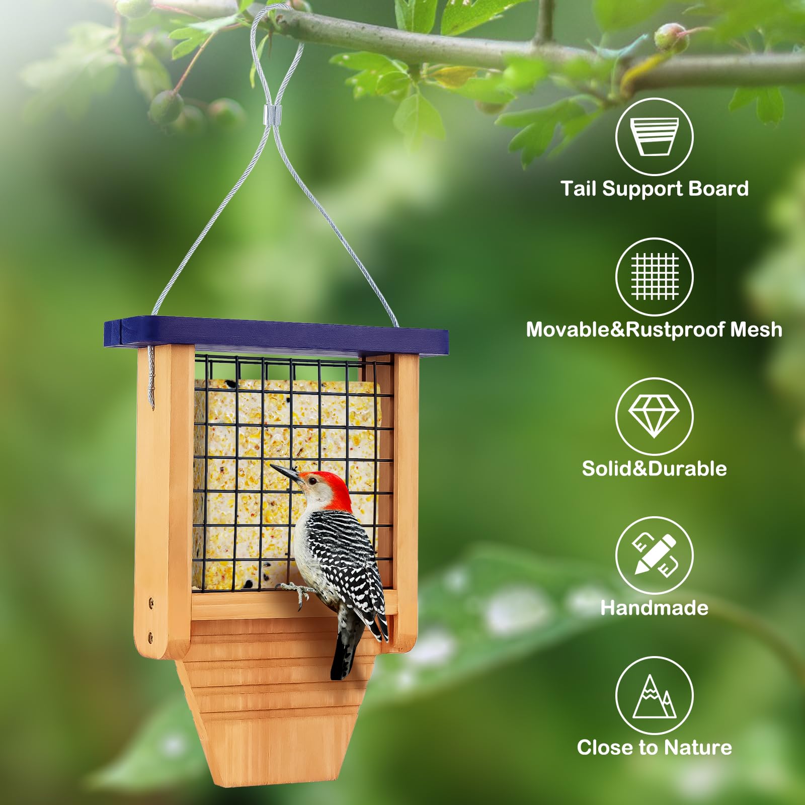 Gbekery comedero en uso con pájaro posado, estimula observación natural