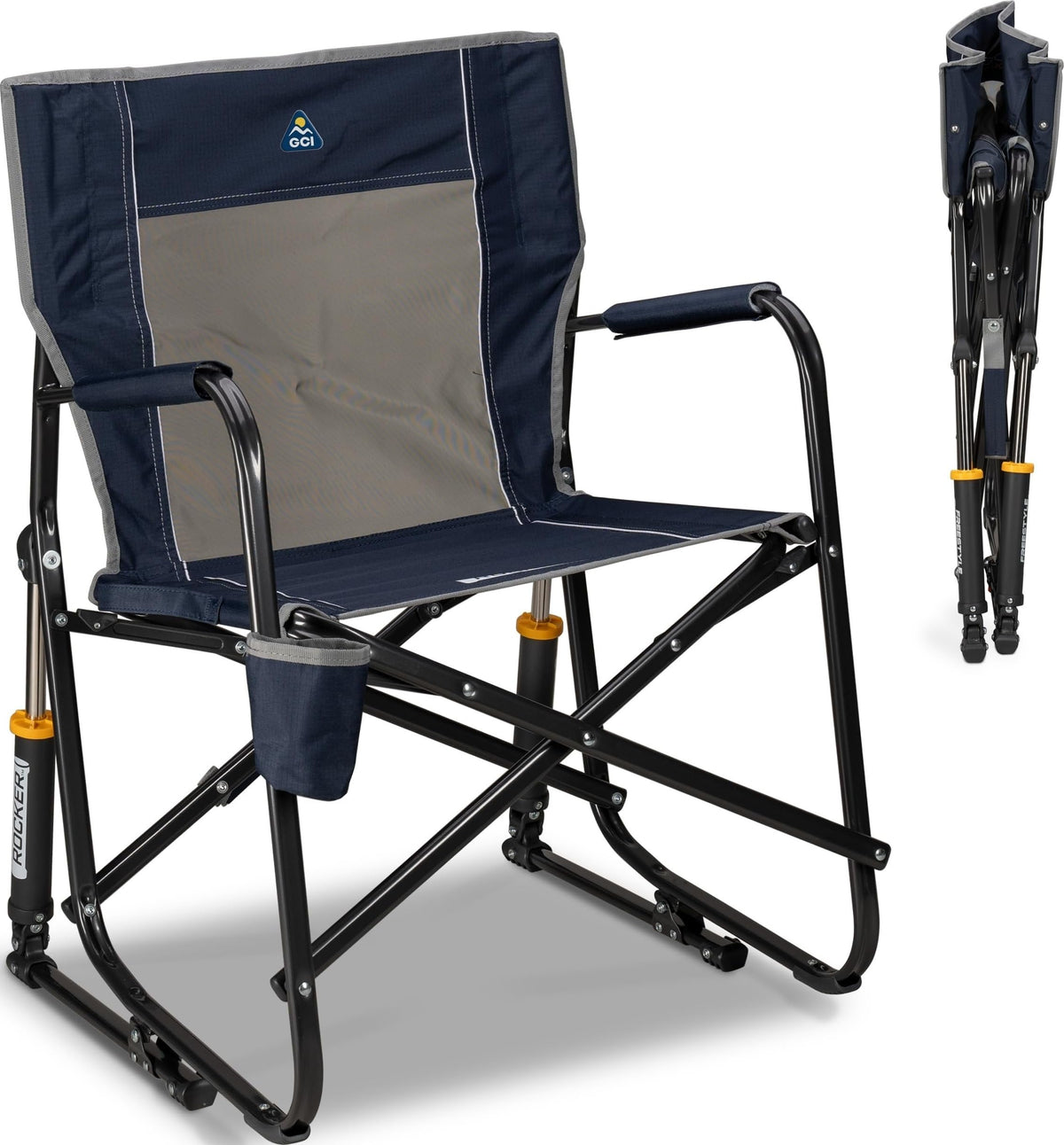 GCI Outdoor vista frontal de la silla Freestyle Rocker en Indigo Blue, comodidad inmediata