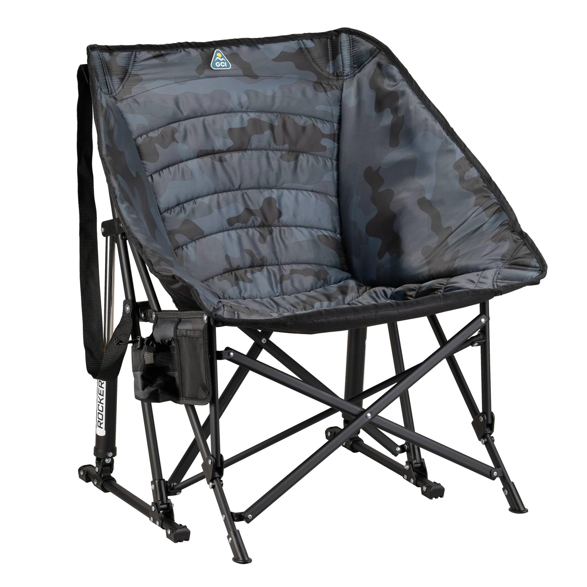 GCI Outdoor Puff Rocker vista frontal con patrón Stealth Camo y soporte estable